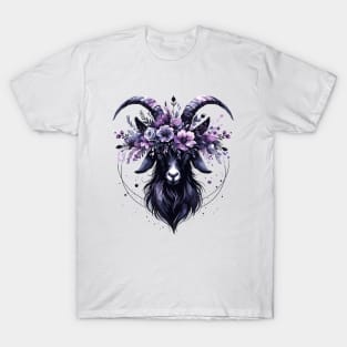 Mystical Floral Goat with Ethereal Purple Crown T-Shirt